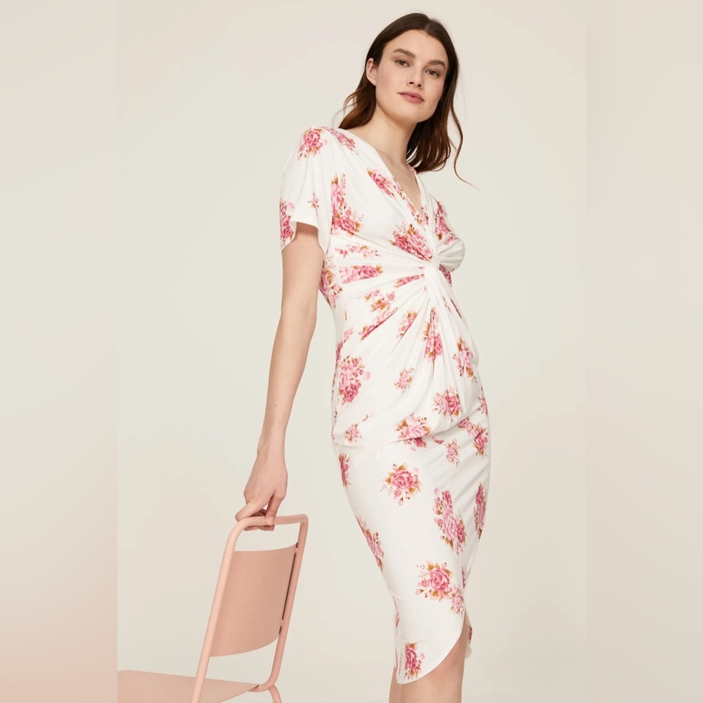 LES REVERIES Twist Front Floral Cream Drape Dress M